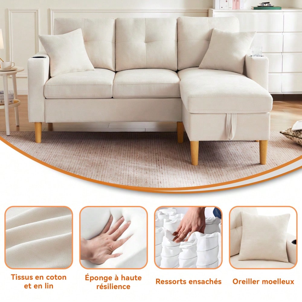 L-förmiges modernes Sofa, 3-Sitzer-Sofa mit Chaiselongue, Stauraum, integriertem Getränkehalter, wird mit 2 Kissen geliefert, geeignet für Wohnzimmer, Büro, Wohnung usw., Video verfügbar