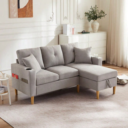L-förmiges modernes Sofa, 3-Sitzer-Sofa mit Chaiselongue, Stauraum, integriertem Getränkehalter, wird mit 2 Kissen geliefert, geeignet für Wohnzimmer, Büro, Wohnung usw., Video verfügbar