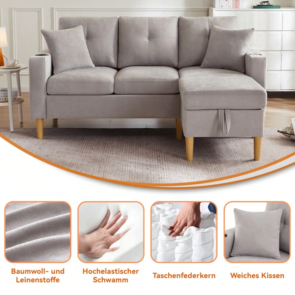 L-förmiges modernes Sofa, 3-Sitzer-Sofa mit Chaiselongue, Stauraum, integriertem Getränkehalter, wird mit 2 Kissen geliefert, geeignet für Wohnzimmer, Büro, Wohnung usw., Video verfügbar