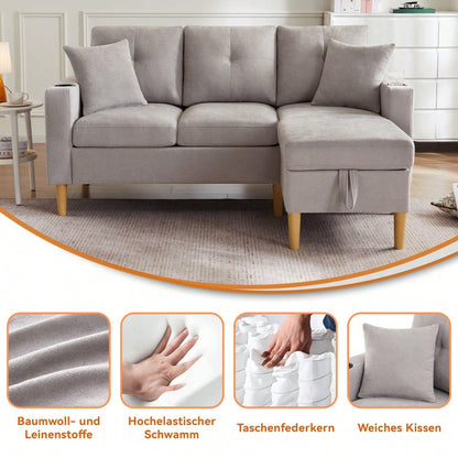 L-förmiges modernes Sofa, 3-Sitzer-Sofa mit Chaiselongue, Stauraum, integriertem Getränkehalter, wird mit 2 Kissen geliefert, geeignet für Wohnzimmer, Büro, Wohnung usw., Video verfügbar