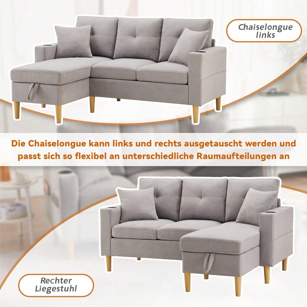 L-förmiges modernes Sofa, 3-Sitzer-Sofa mit Chaiselongue, Stauraum, integriertem Getränkehalter, wird mit 2 Kissen geliefert, geeignet für Wohnzimmer, Büro, Wohnung usw., Video verfügbar