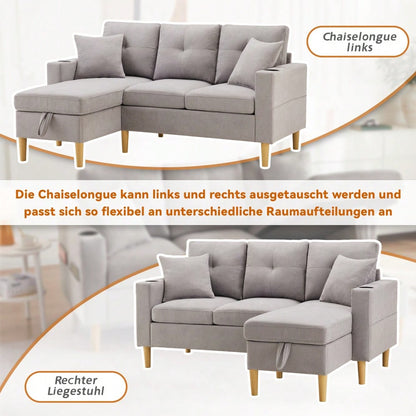 L-förmiges modernes Sofa, 3-Sitzer-Sofa mit Chaiselongue, Stauraum, integriertem Getränkehalter, wird mit 2 Kissen geliefert, geeignet für Wohnzimmer, Büro, Wohnung usw., Video verfügbar