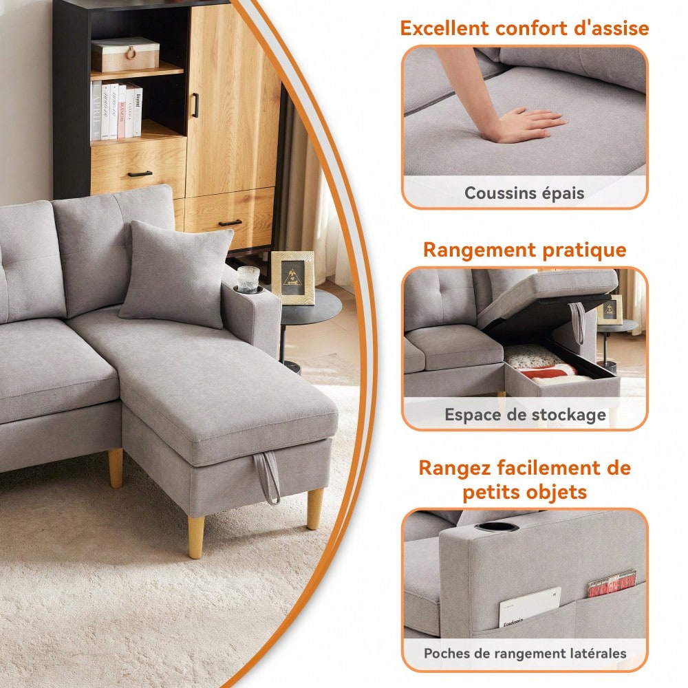 L-förmiges modernes Sofa, 3-Sitzer-Sofa mit Chaiselongue, Stauraum, integriertem Getränkehalter, wird mit 2 Kissen geliefert, geeignet für Wohnzimmer, Büro, Wohnung usw., Video verfügbar