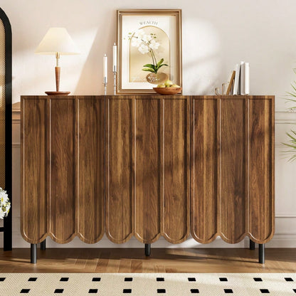 Modernes holzfarbenes Sideboard mit Wellentüren – 120x35x80 cm – grifflos, verstellbare Regale – Stauraum für Wohnzimmer, Flur & Esszimmer