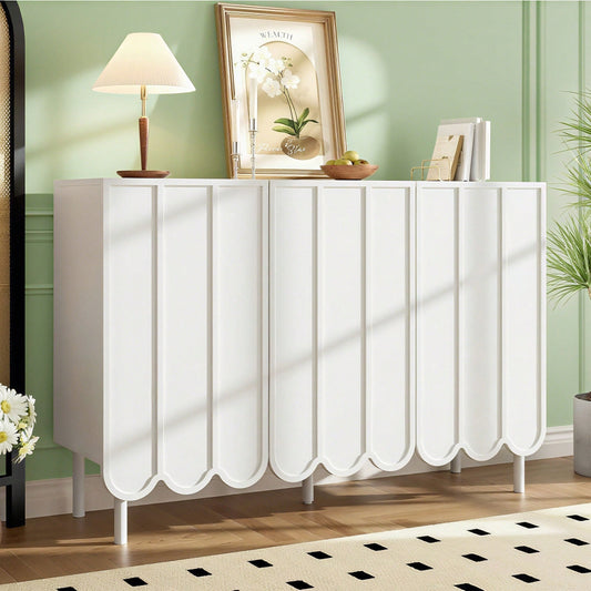 Modernes weißes Sideboard mit Wellentüren – 120x35x80 cm – grifflos, verstellbare Regale – Stauraum für Wohnzimmer, Flur & Esszimmer