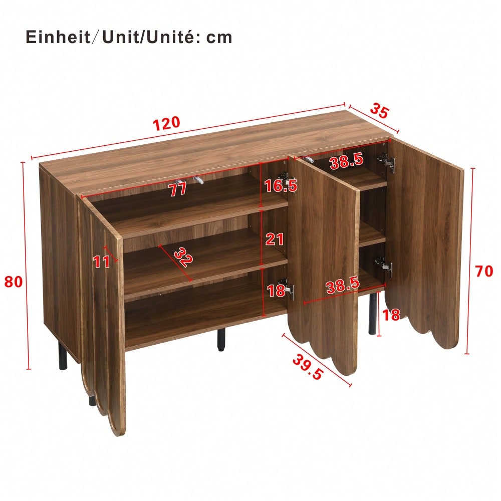 Modernes holzfarbenes Sideboard mit Wellentüren – 120x35x80 cm – grifflos, verstellbare Regale – Stauraum für Wohnzimmer, Flur & Esszimmer