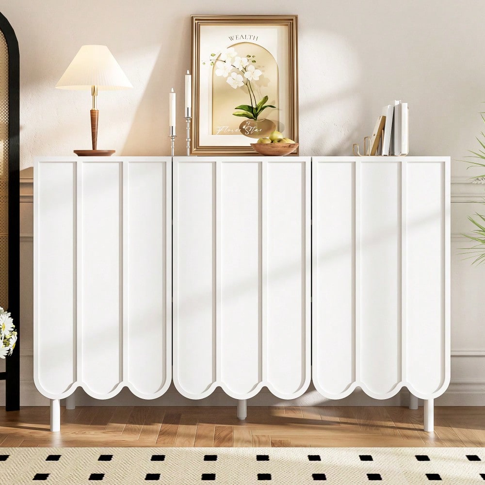 Modernes weißes Sideboard mit Wellentüren – 120x35x80 cm – grifflos, verstellbare Regale – Stauraum für Wohnzimmer, Flur & Esszimmer