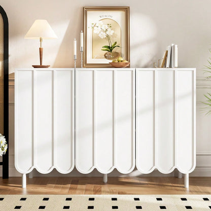 Modernes weißes Sideboard mit Wellentüren – 120x35x80 cm – grifflos, verstellbare Regale – Stauraum für Wohnzimmer, Flur & Esszimmer