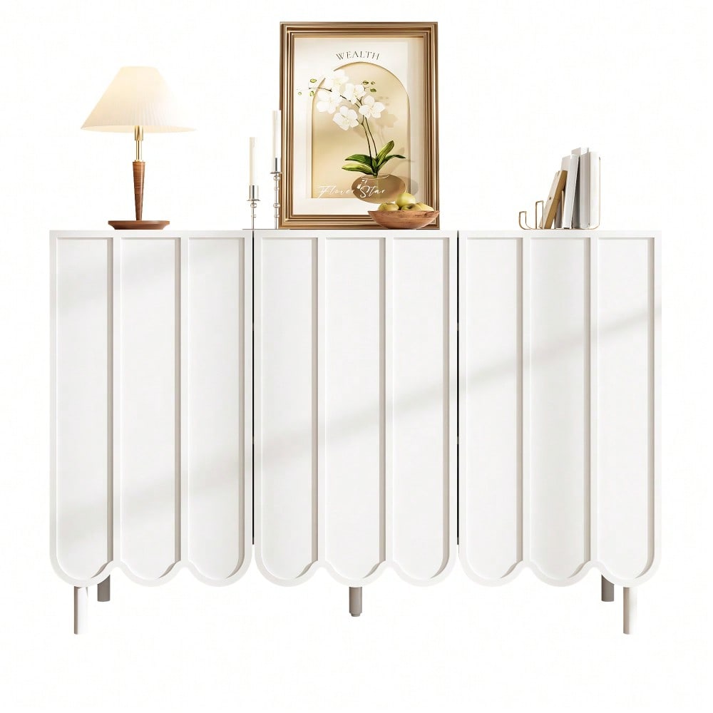 Modernes weißes Sideboard mit Wellentüren – 120x35x80 cm – grifflos, verstellbare Regale – Stauraum für Wohnzimmer, Flur & Esszimmer