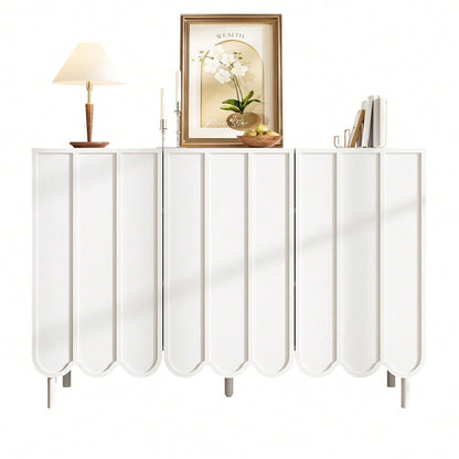 Modernes weißes Sideboard mit Wellentüren – 120x35x80 cm – grifflos, verstellbare Regale – Stauraum für Wohnzimmer, Flur & Esszimmer