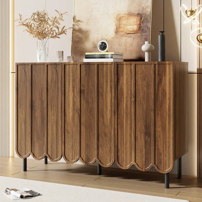 Modernes holzfarbenes Sideboard mit Wellentüren – 120x35x80 cm – grifflos, verstellbare Regale – Stauraum für Wohnzimmer, Flur & Esszimmer