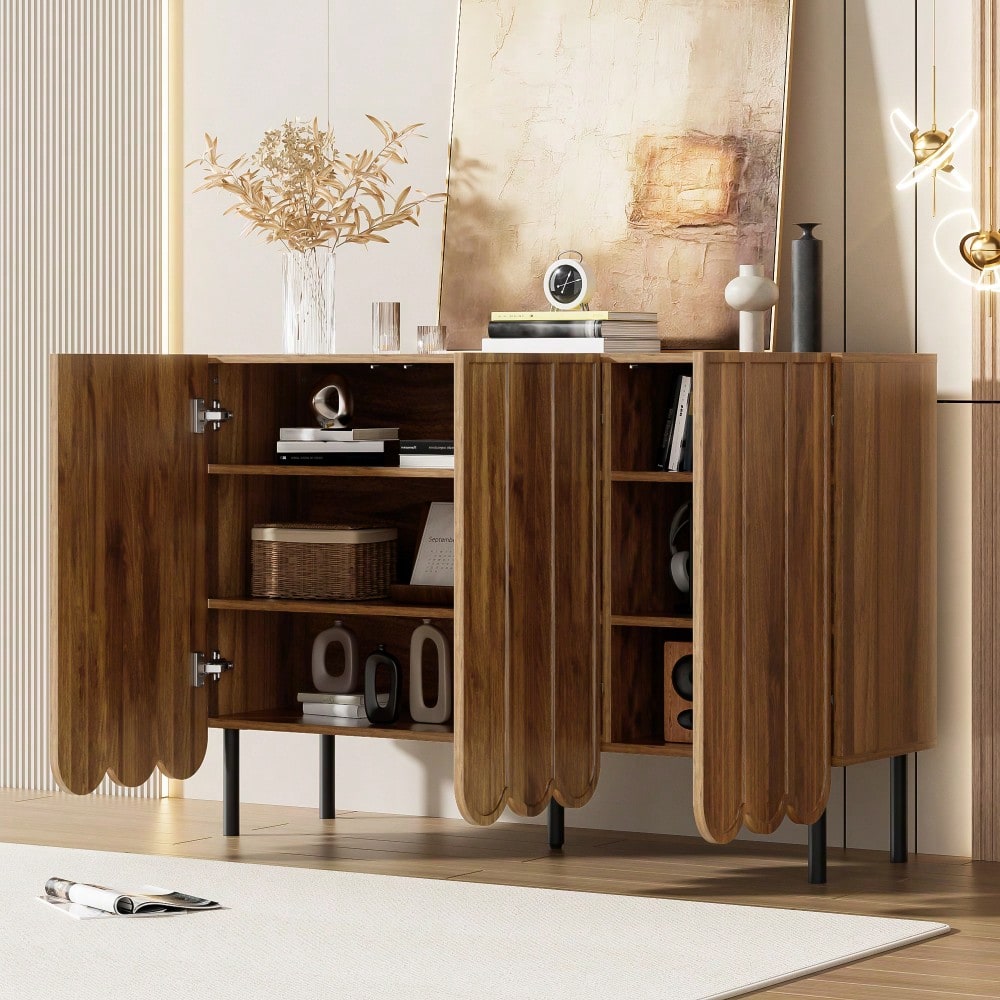 Modernes holzfarbenes Sideboard mit Wellentüren – 120x35x80 cm – grifflos, verstellbare Regale – Stauraum für Wohnzimmer, Flur & Esszimmer