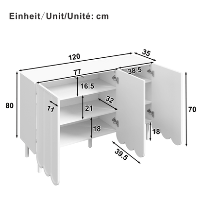 Modernes weißes Sideboard mit Wellentüren – 120x35x80 cm – grifflos, verstellbare Regale – Stauraum für Wohnzimmer, Flur & Esszimmer