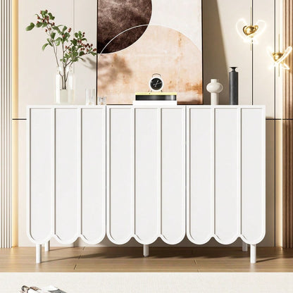 Modernes weißes Sideboard mit Wellentüren – 120x35x80 cm – grifflos, verstellbare Regale – Stauraum für Wohnzimmer, Flur & Esszimmer