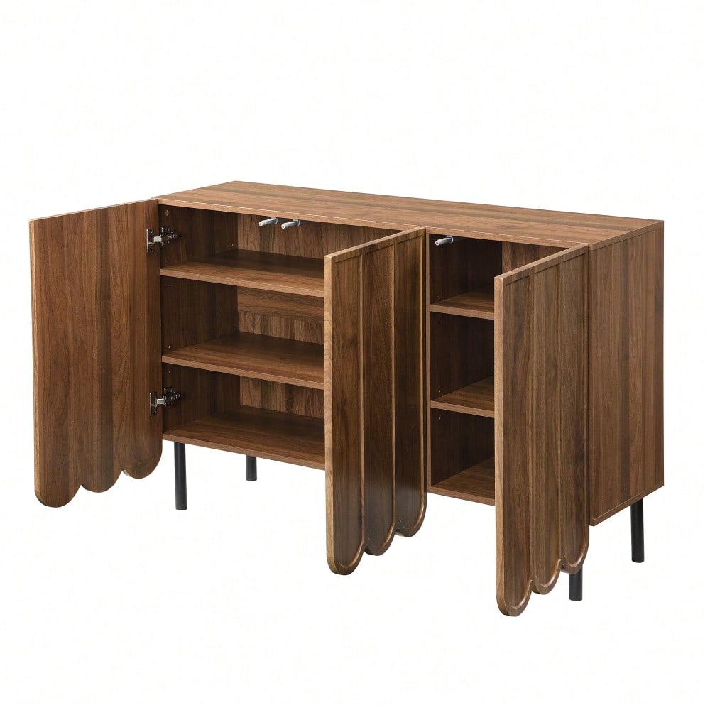 Modernes holzfarbenes Sideboard mit Wellentüren – 120x35x80 cm – grifflos, verstellbare Regale – Stauraum für Wohnzimmer, Flur & Esszimmer