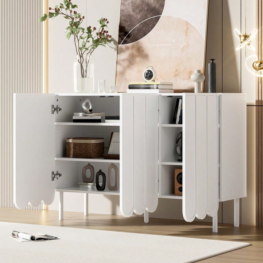 Modernes weißes Sideboard mit Wellentüren – 120x35x80 cm – grifflos, verstellbare Regale – Stauraum für Wohnzimmer, Flur & Esszimmer