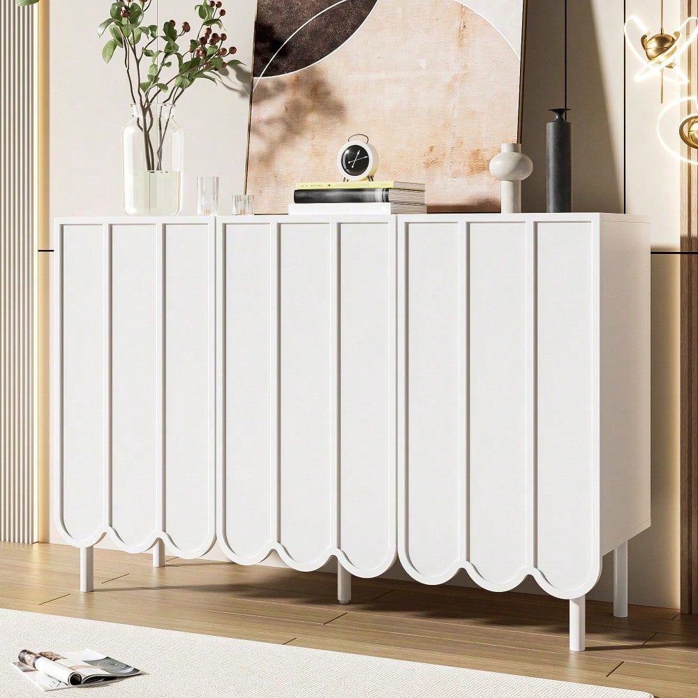 Modernes weißes Sideboard mit Wellentüren – 120x35x80 cm – grifflos, verstellbare Regale – Stauraum für Wohnzimmer, Flur & Esszimmer
