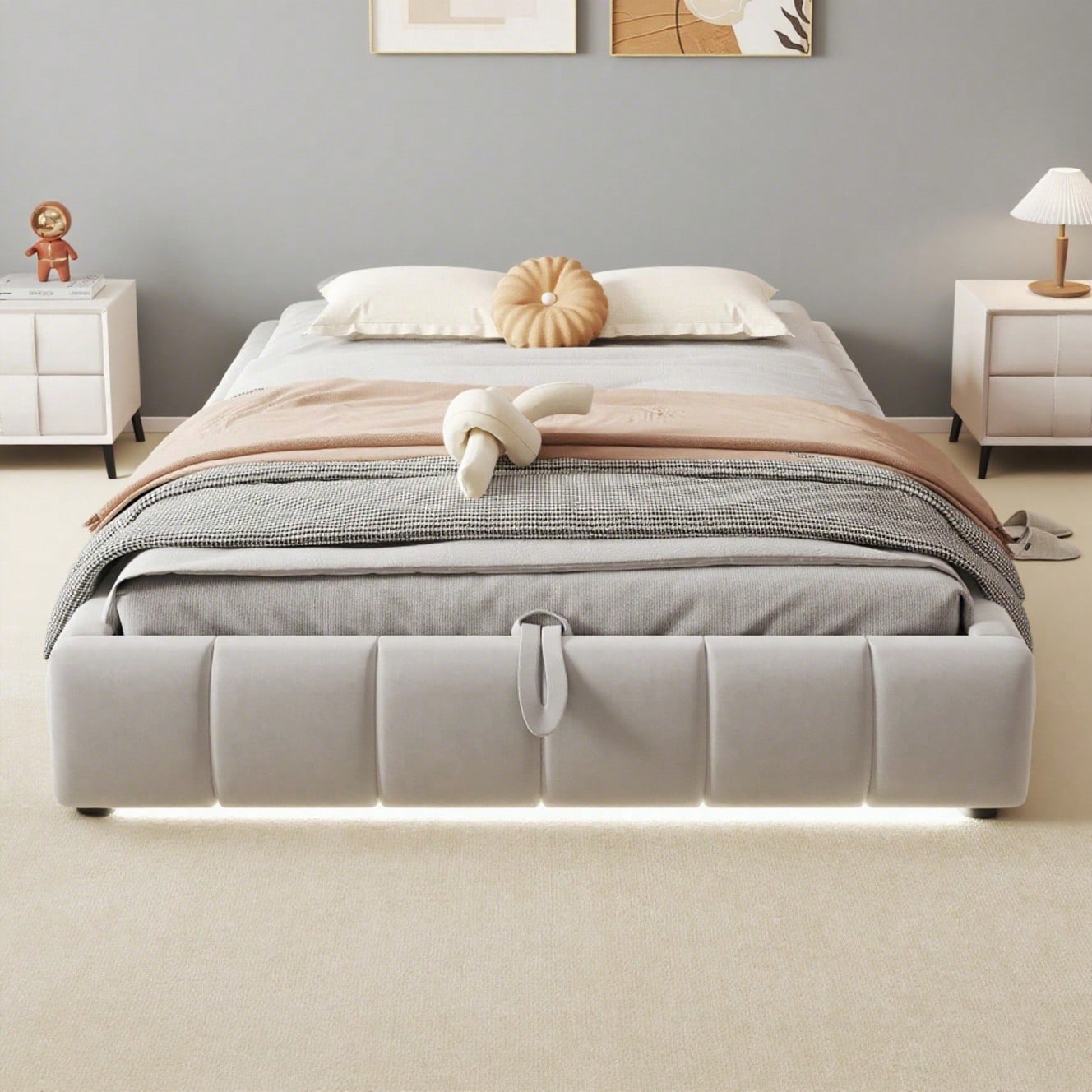 Polsterbett 140 x 200 cm, ohne Kopfteil, mit LED-Lichtleiste (einfarbig), Hydraulischer Schwebebettrahmen mit Stauraum,Einzelbett, Jugendbett, Beige