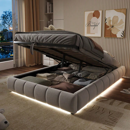 Polsterbett 140 x 200 cm, ohne Kopfteil, mit LED-Lichtleiste (einfarbig), Hydraulischer Schwebebettrahmen mit Stauraum,Einzelbett, Jugendbett, Beige