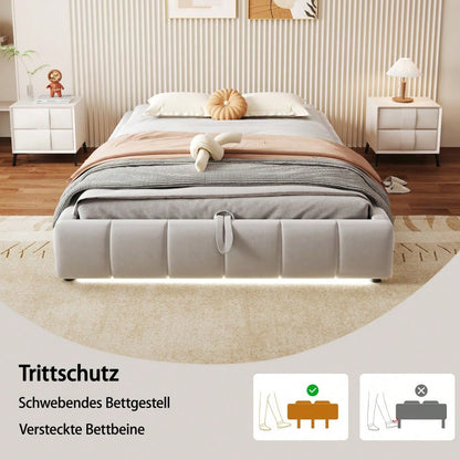 Polsterbett 140 x 200 cm, ohne Kopfteil, mit LED-Lichtleiste (einfarbig), Hydraulischer Schwebebettrahmen mit Stauraum,Einzelbett, Jugendbett, Beige