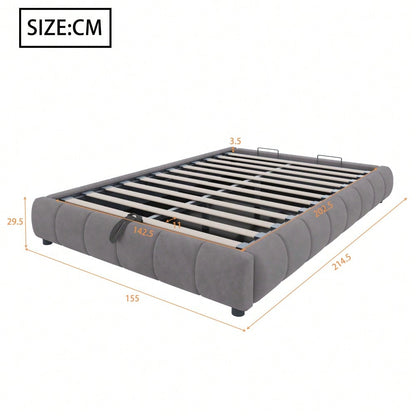 Polsterbett 140 x 200 cm, ohne Kopfteil, mit LED-Lichtleiste (einfarbig), Hydraulischer Schwebebettrahmen mit Stauraum,Einzelbett, Jugendbett, Grau
