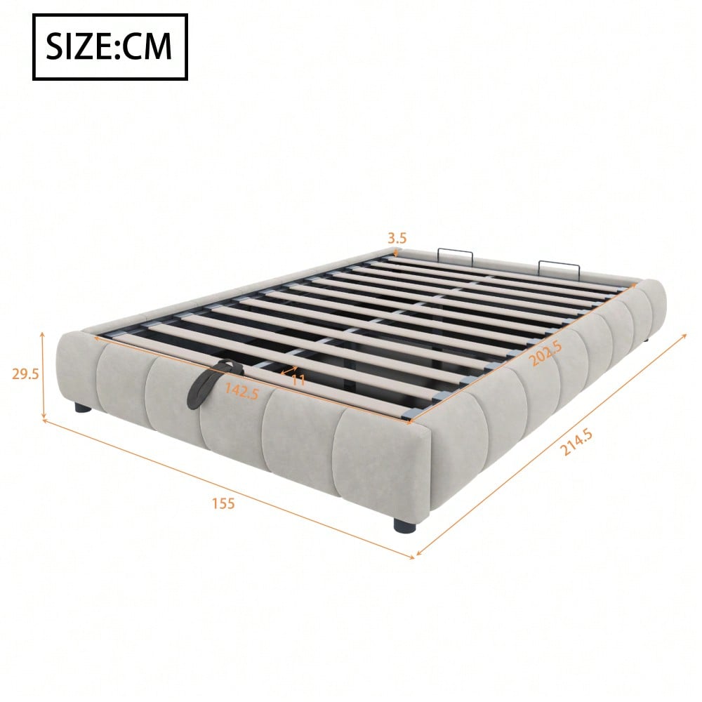 Polsterbett 140 x 200 cm, ohne Kopfteil, mit LED-Lichtleiste (einfarbig), Hydraulischer Schwebebettrahmen mit Stauraum,Einzelbett, Jugendbett, Beige