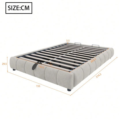 Polsterbett 140 x 200 cm, ohne Kopfteil, mit LED-Lichtleiste (einfarbig), Hydraulischer Schwebebettrahmen mit Stauraum,Einzelbett, Jugendbett, Beige