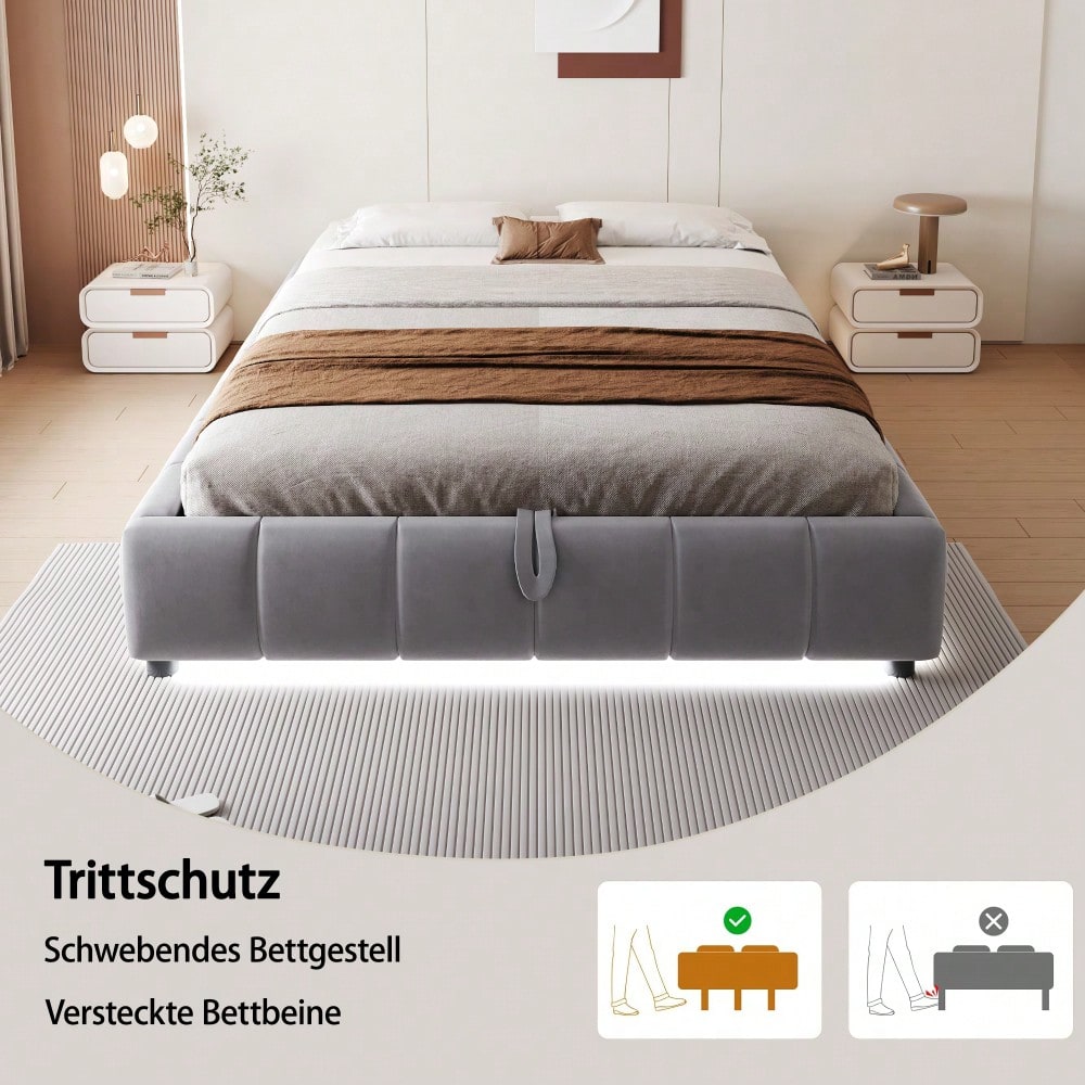 Polsterbett 140 x 200 cm, ohne Kopfteil, mit LED-Lichtleiste (einfarbig), Hydraulischer Schwebebettrahmen mit Stauraum,Einzelbett, Jugendbett, Grau