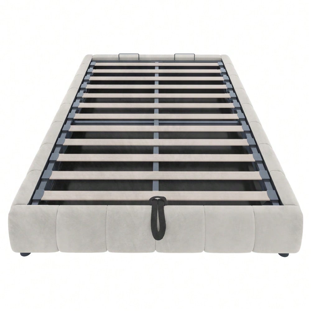 Polsterbett 140 x 200 cm, ohne Kopfteil, mit LED-Lichtleiste (einfarbig), Hydraulischer Schwebebettrahmen mit Stauraum,Einzelbett, Jugendbett, Beige