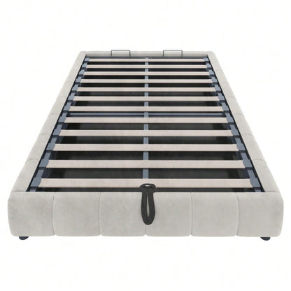 Polsterbett 140 x 200 cm, ohne Kopfteil, mit LED-Lichtleiste (einfarbig), Hydraulischer Schwebebettrahmen mit Stauraum,Einzelbett, Jugendbett, Beige