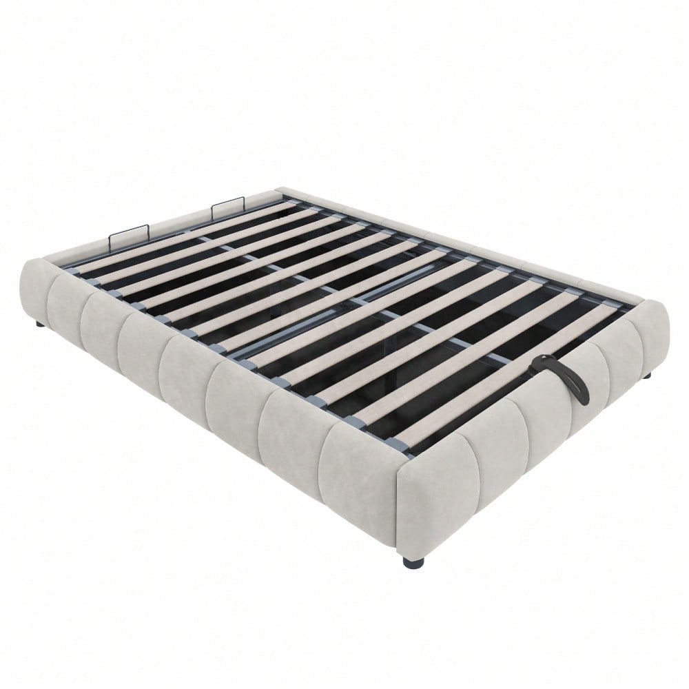 Polsterbett 140 x 200 cm, ohne Kopfteil, mit LED-Lichtleiste (einfarbig), Hydraulischer Schwebebettrahmen mit Stauraum,Einzelbett, Jugendbett, Beige