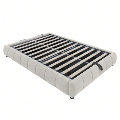 Polsterbett 140 x 200 cm, ohne Kopfteil, mit LED-Lichtleiste (einfarbig), Hydraulischer Schwebebettrahmen mit Stauraum,Einzelbett, Jugendbett, Beige