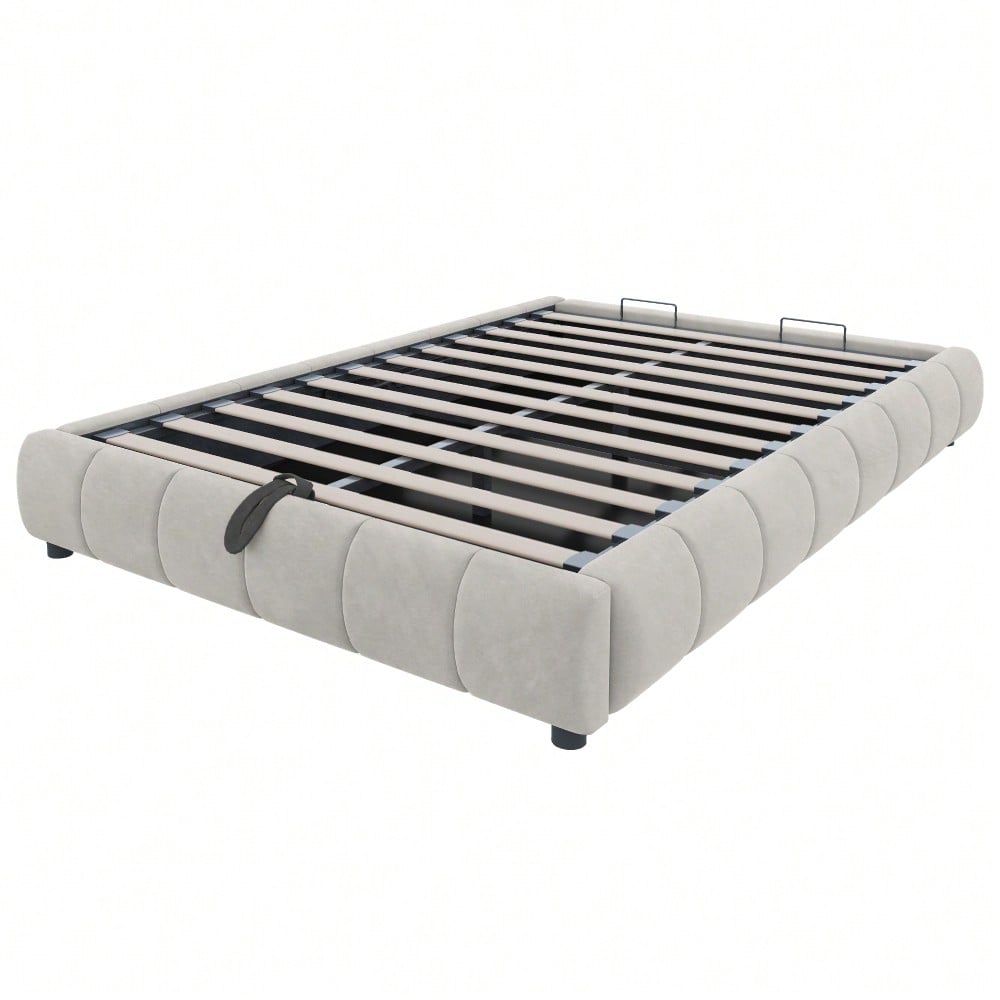 Polsterbett 140 x 200 cm, ohne Kopfteil, mit LED-Lichtleiste (einfarbig), Hydraulischer Schwebebettrahmen mit Stauraum,Einzelbett, Jugendbett, Beige