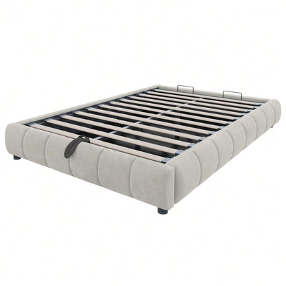Polsterbett 140 x 200 cm, ohne Kopfteil, mit LED-Lichtleiste (einfarbig), Hydraulischer Schwebebettrahmen mit Stauraum,Einzelbett, Jugendbett, Beige