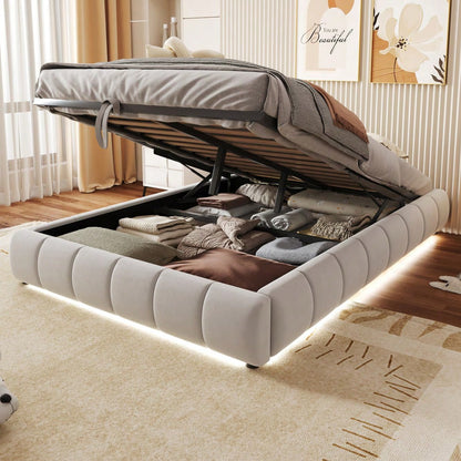 Polsterbett 140 x 200 cm, ohne Kopfteil, mit LED-Lichtleiste (einfarbig), Hydraulischer Schwebebettrahmen mit Stauraum,Einzelbett, Jugendbett, Beige