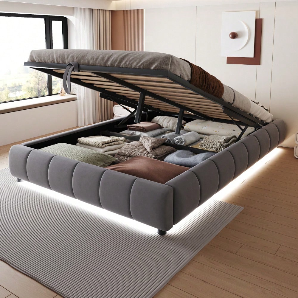 Polsterbett 140 x 200 cm, ohne Kopfteil, mit LED-Lichtleiste (einfarbig), Hydraulischer Schwebebettrahmen mit Stauraum,Einzelbett, Jugendbett, Grau