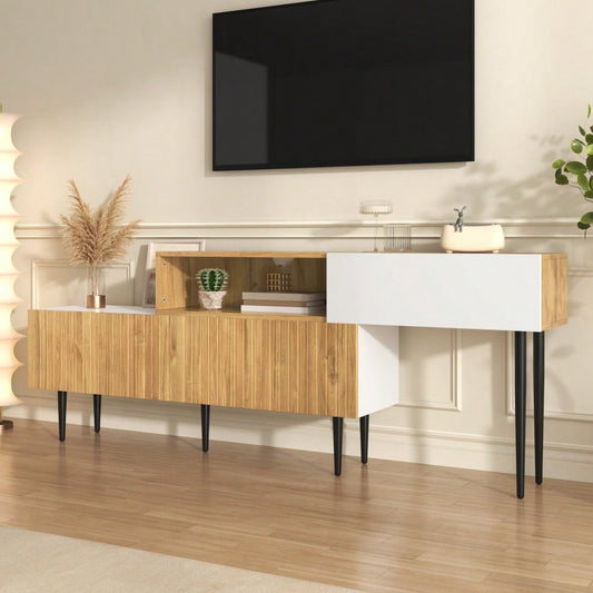 Moderner TV-Schrank mit verstellbarer Länge, Modulares 2-teiliges Design, Holzoptik + Weiß matt, Schwarze Metallbeine, Multifunktionales Wohnzimmermöbel