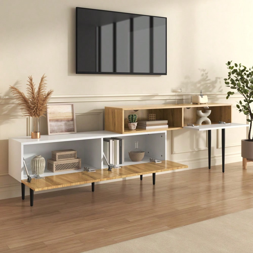 Moderner TV-Schrank mit verstellbarer Länge, Modulares 2-teiliges Design, Holzoptik + Weiß matt, Schwarze Metallbeine, Multifunktionales Wohnzimmermöbel