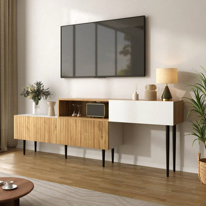 Moderner TV-Schrank mit verstellbarer Länge, Modulares 2-teiliges Design, Holzoptik + Weiß matt, Schwarze Metallbeine, Multifunktionales Wohnzimmermöbel