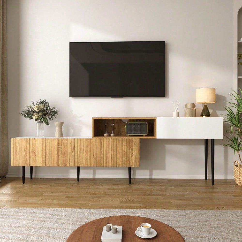 Moderner TV-Schrank mit verstellbarer Länge, Modulares 2-teiliges Design, Holzoptik + Weiß matt, Schwarze Metallbeine, Multifunktionales Wohnzimmermöbel