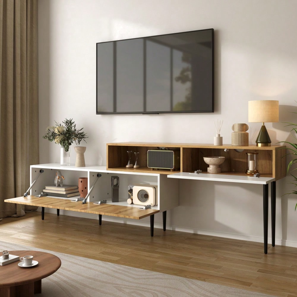 Moderner TV-Schrank mit verstellbarer Länge, Modulares 2-teiliges Design, Holzoptik + Weiß matt, Schwarze Metallbeine, Multifunktionales Wohnzimmermöbel