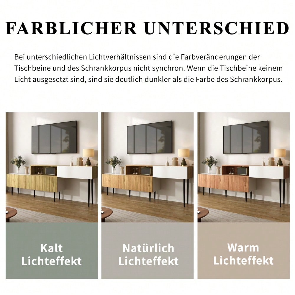 Moderner TV-Schrank mit verstellbarer Länge, Modulares 2-teiliges Design, Holzoptik + Weiß matt, Schwarze Metallbeine, Multifunktionales Wohnzimmermöbel