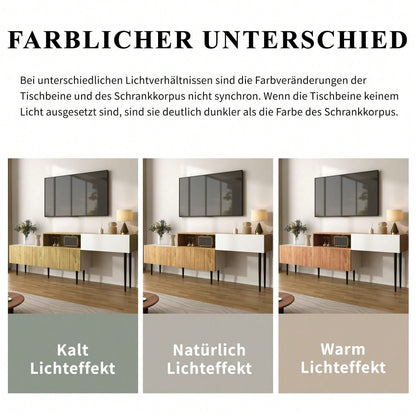 Moderner TV-Schrank mit verstellbarer Länge, Modulares 2-teiliges Design, Holzoptik + Weiß matt, Schwarze Metallbeine, Multifunktionales Wohnzimmermöbel