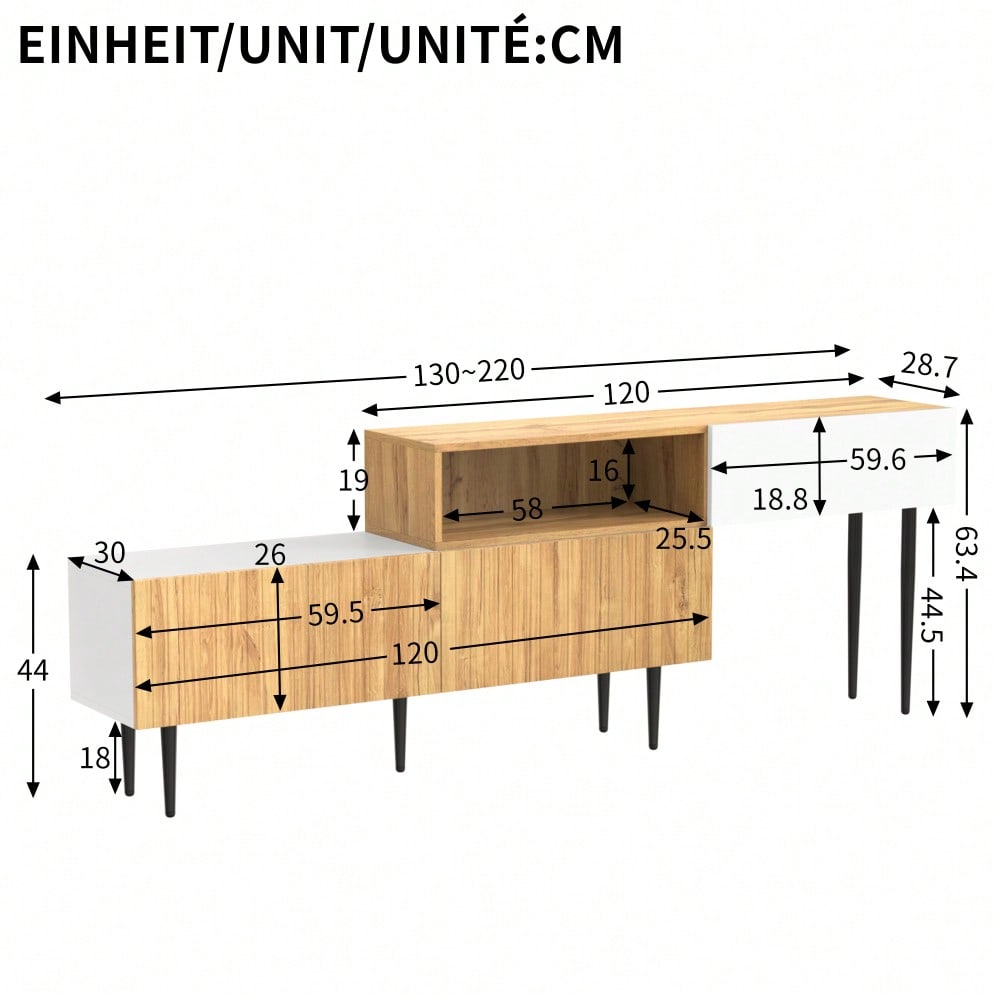 Moderner TV-Schrank mit verstellbarer Länge, Modulares 2-teiliges Design, Holzoptik + Weiß matt, Schwarze Metallbeine, Multifunktionales Wohnzimmermöbel