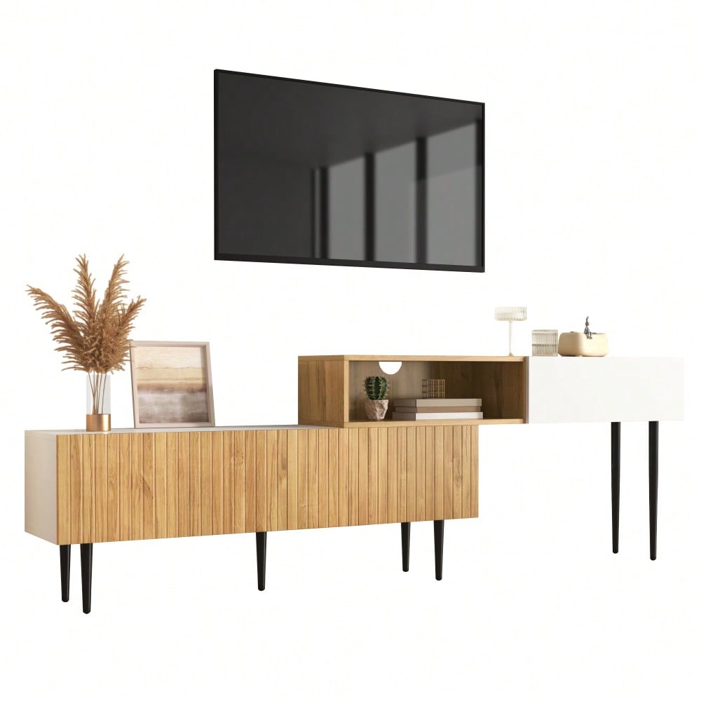Moderner TV-Schrank mit verstellbarer Länge, Modulares 2-teiliges Design, Holzoptik + Weiß matt, Schwarze Metallbeine, Multifunktionales Wohnzimmermöbel