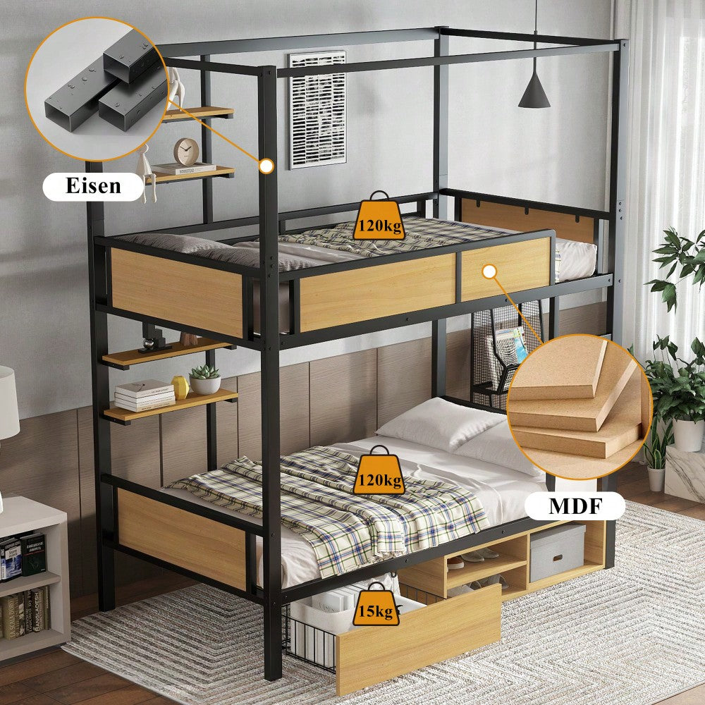 Etagenbett, Eisenbett, Eisen + MDF, Doppeltes Ablageboard an der Bettseite, Stabile Geländer und Leitern, Stauraum unter dem Bett, Bettvorhang kann am oberen Bett angebracht werden, Schwarz + Natur