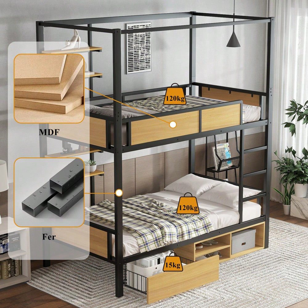 Etagenbett, Eisenbett, Eisen + MDF, Doppeltes Ablageboard an der Bettseite, Stabile Geländer und Leitern, Stauraum unter dem Bett, Bettvorhang kann am oberen Bett angebracht werden, Schwarz + Natur