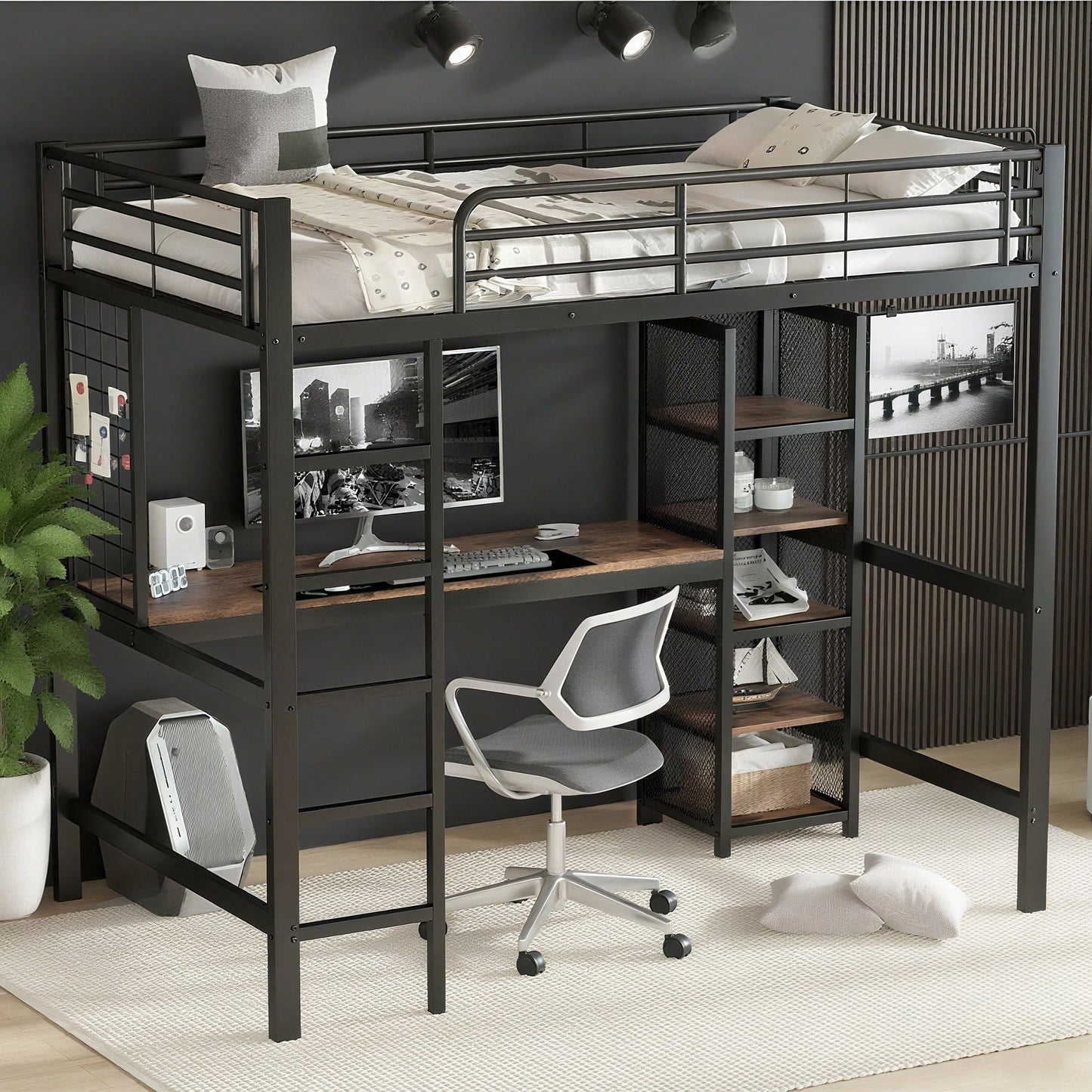 Hochbett, Eisenbett, Eisen + MDF, Mit Tisch und Regalschrank mit mehrfachen Ablageebenen, mit Metallgitter ausgestattet, stabile Geländer und Leiter, Schwarz + dunkle Holzfarbe, 90x200cm