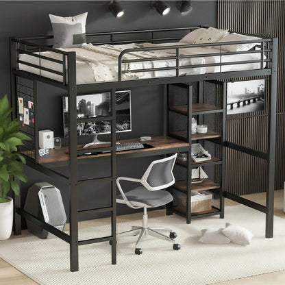 Hochbett, Eisenbett, Eisen + MDF, Mit Tisch und Regalschrank mit mehrfachen Ablageebenen, mit Metallgitter ausgestattet, stabile Geländer und Leiter, Schwarz + dunkle Holzfarbe, 90x200cm