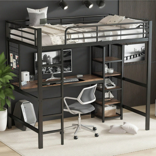 Hochbett, Eisenbett, Eisen + MDF, Mit Tisch und Regalschrank mit mehrfachen Ablageebenen, mit Metallgitter ausgestattet, stabile Geländer und Leiter, Schwarz + dunkle Holzfarbe, 90x200cm